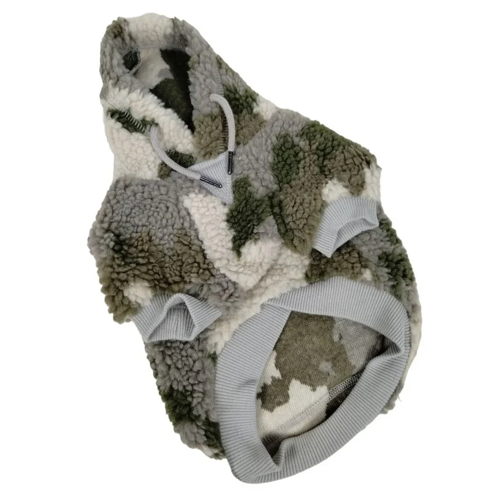 Reddy Camo Sherpa Hoodie Sweater with Warm White Pocket for Dogs XS 11 to 13 in
